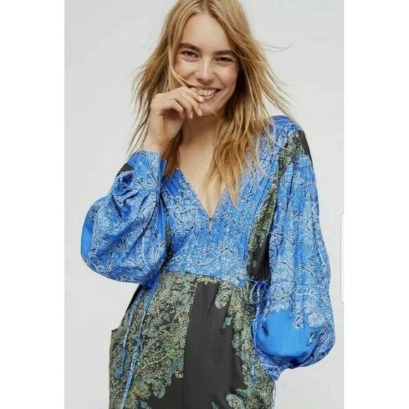 Free People Anthropology Blue Blooming Fields Jumpsuit Romper V-Neck Large Boho‎ - Picture 2 of 8